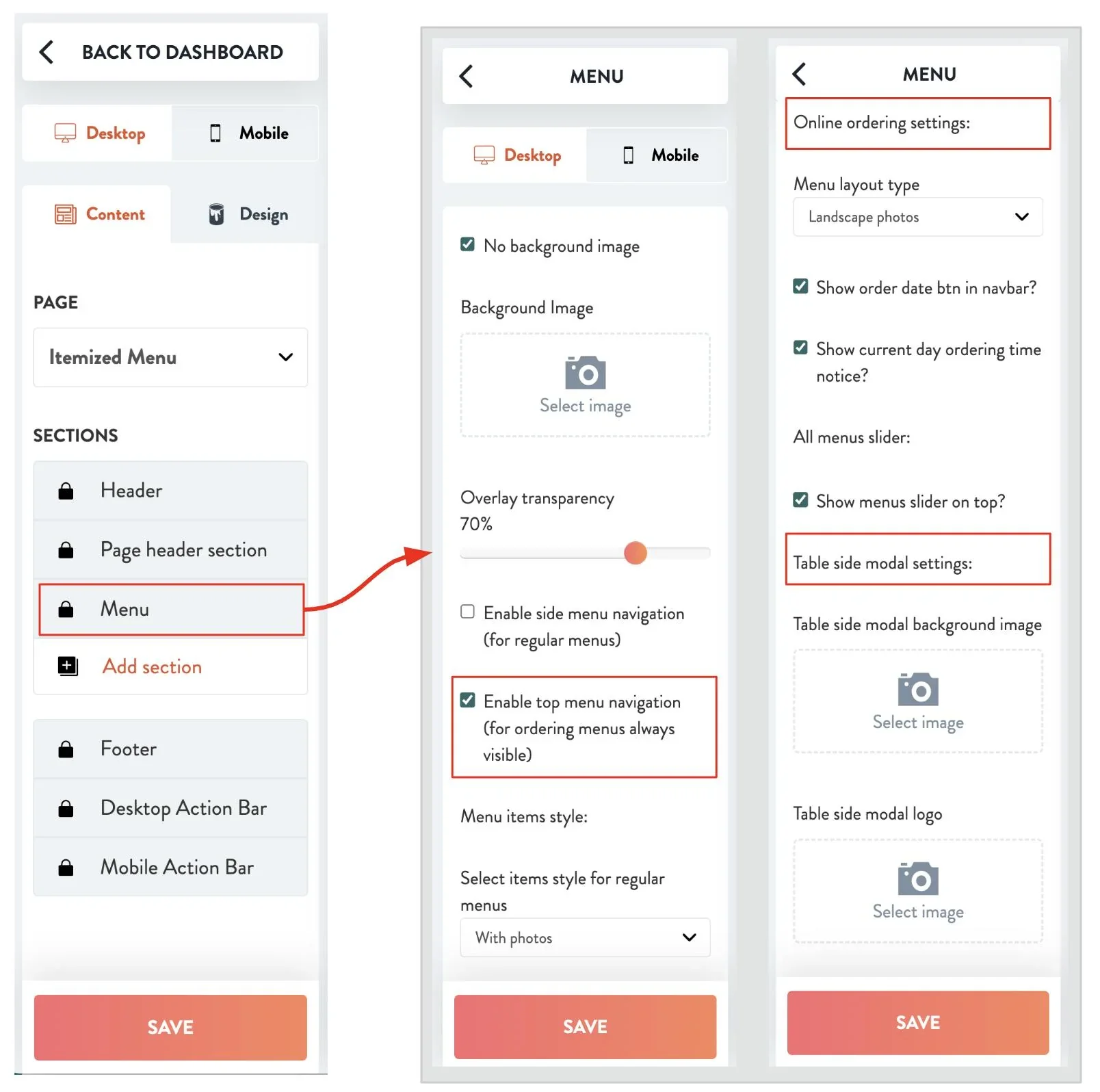 navigate to additional restaurant website menu settings