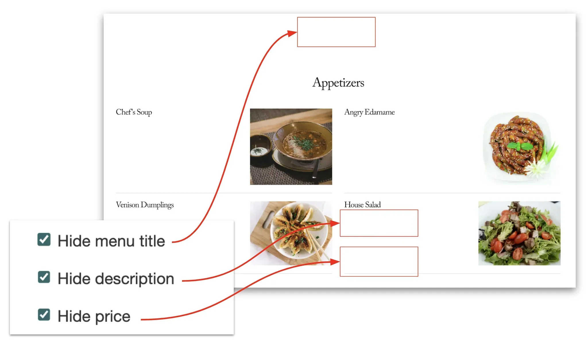 example of hidden title, description, and price