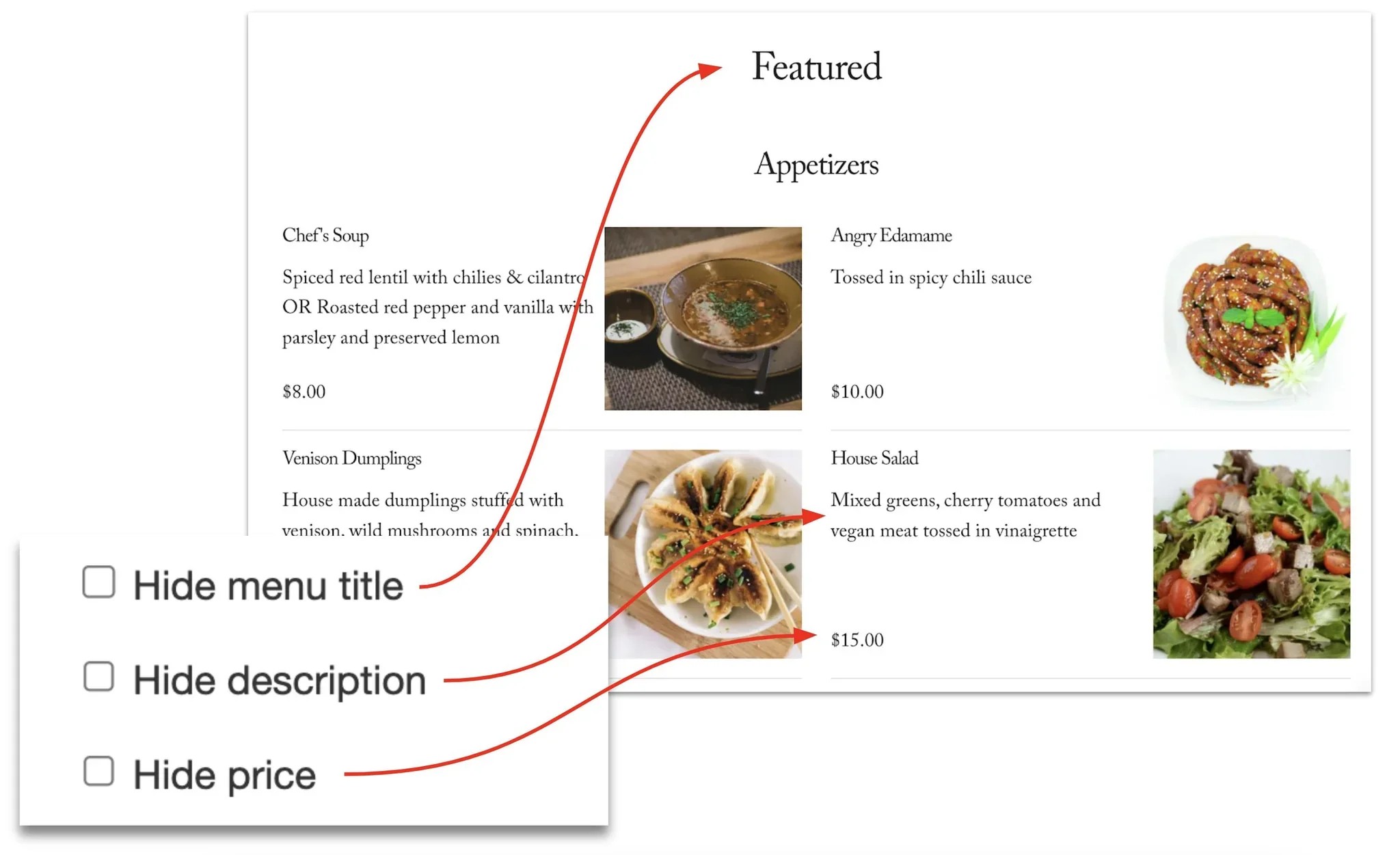hide menu title, description, and or price