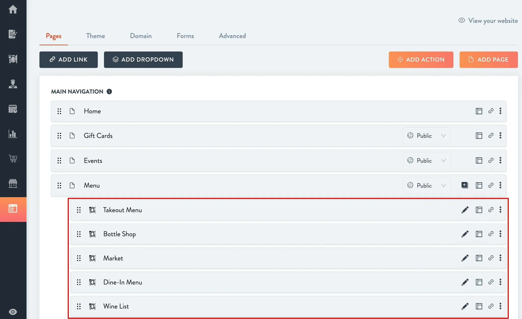list menus in subcategories