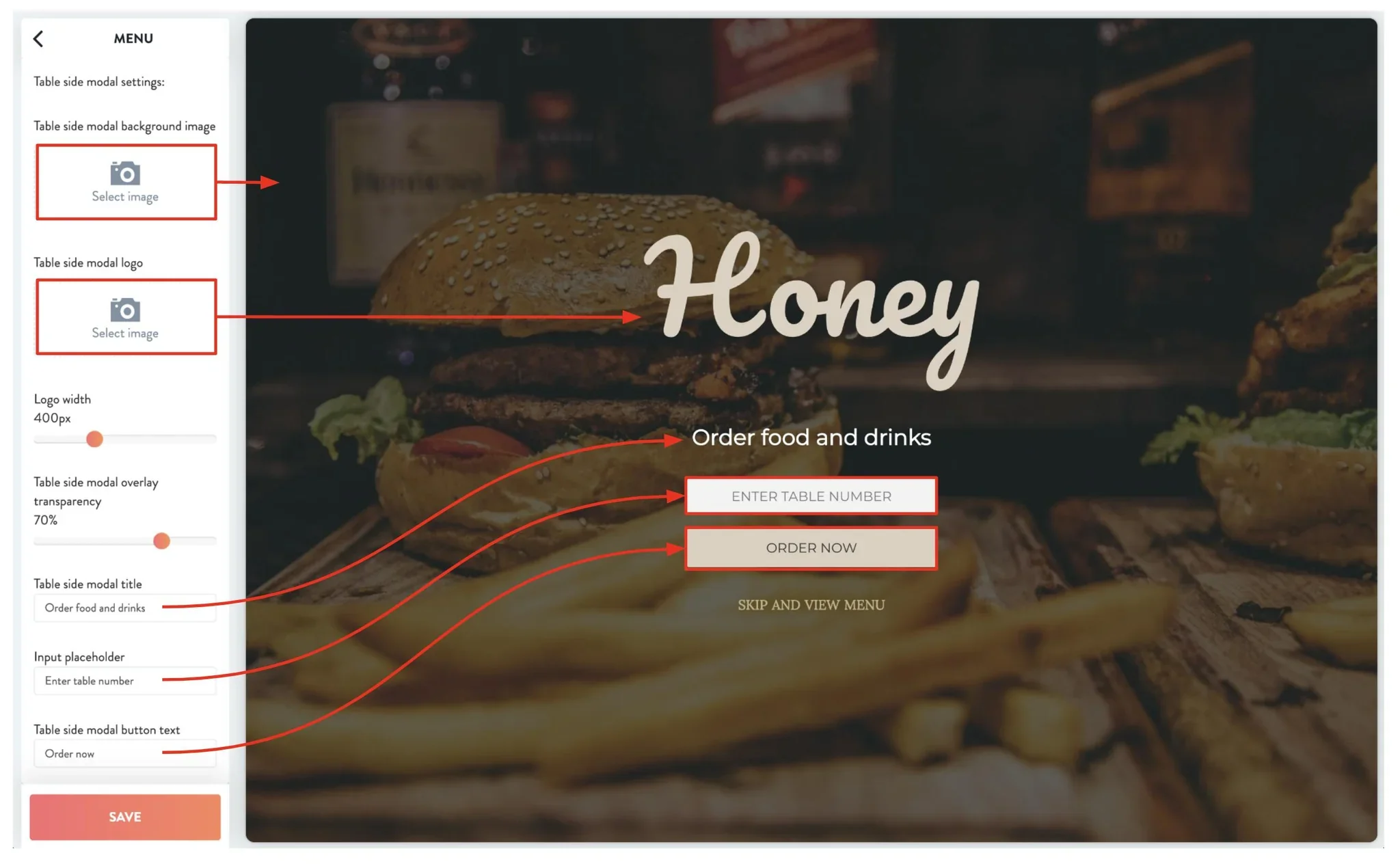 tableside modal settings diagram