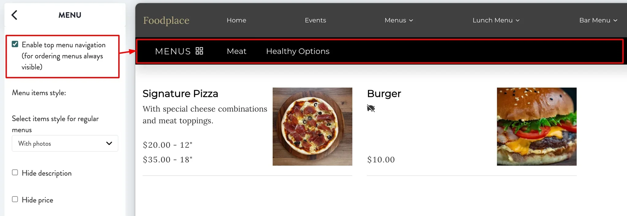 enable top menu navigation
