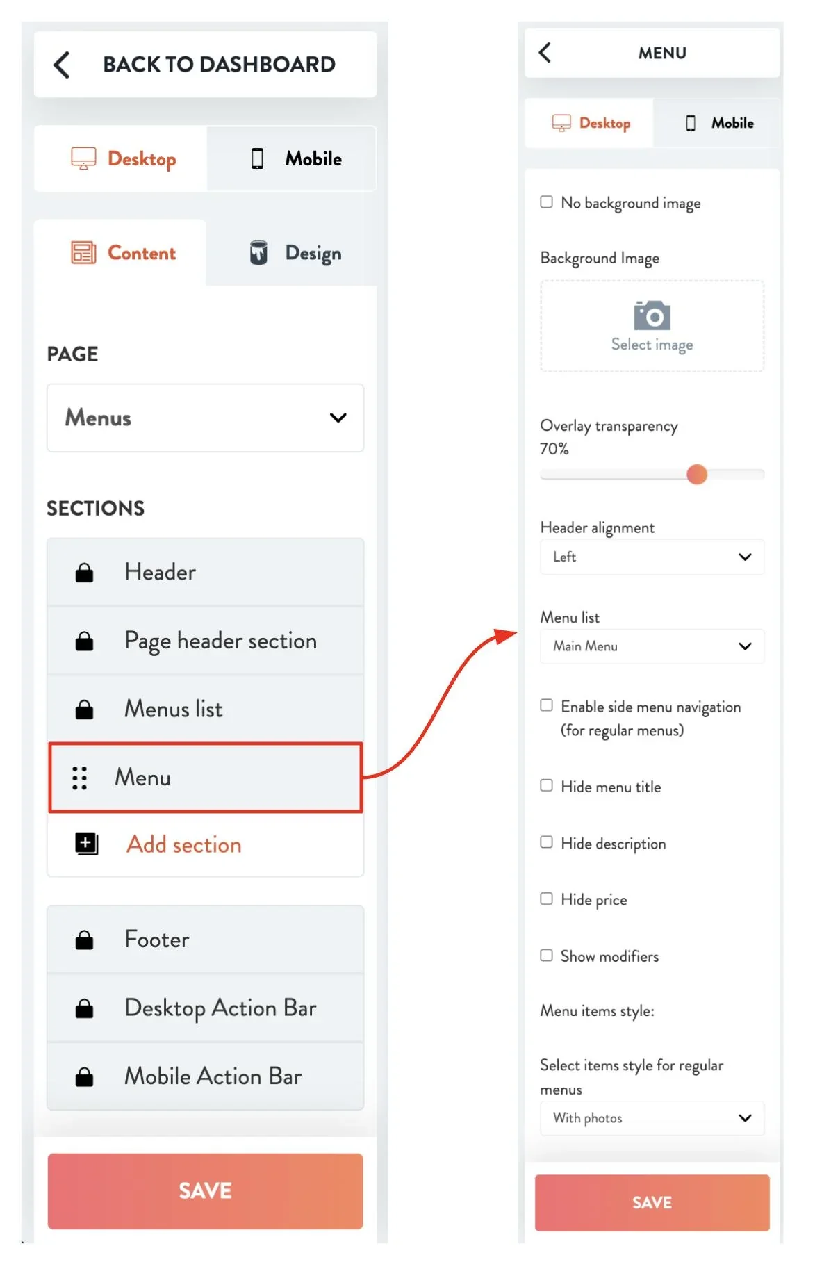 menu section customization options