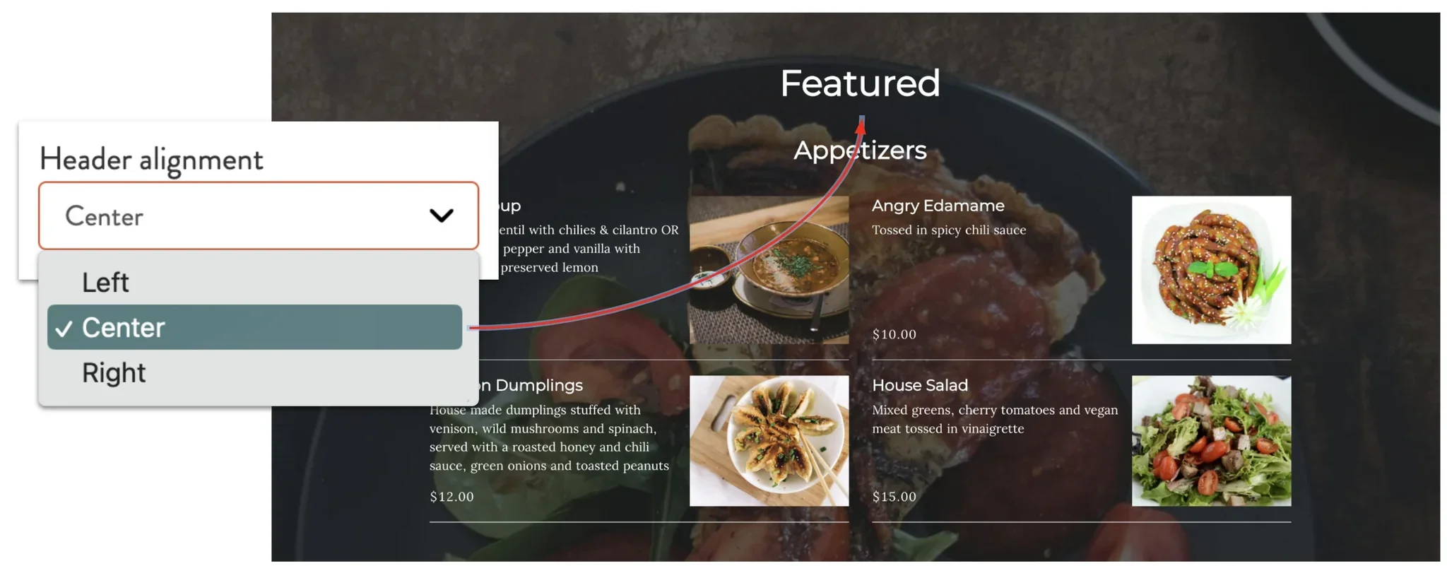 header alignment options and example