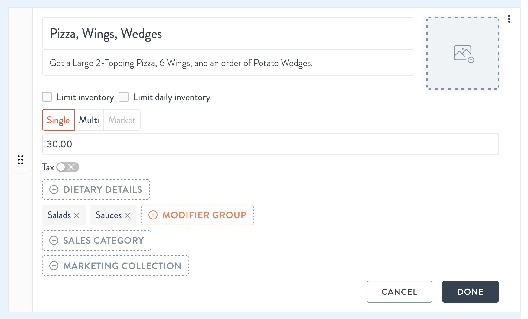 Menu item in edit mode with Salads and Sauces modifier group tags, the + Modifier Group button, and Cancel and Done buttons