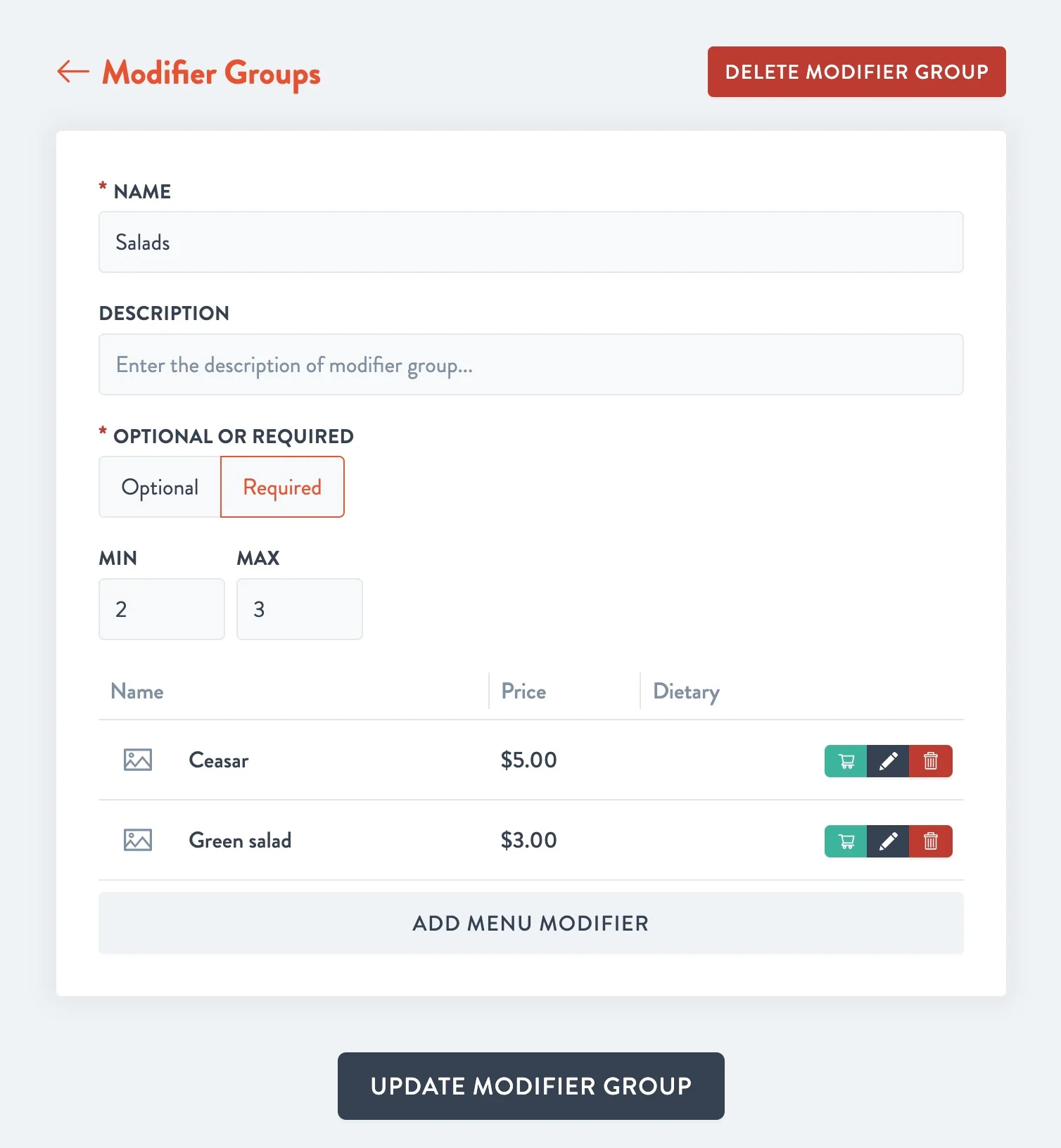 Modifier group edit page with Name, Description, Optional or Required, Min 2, Max 3, two options with price and the sold-out, edit and delete buttons, Add Menu Modifier and Update Modifier Group