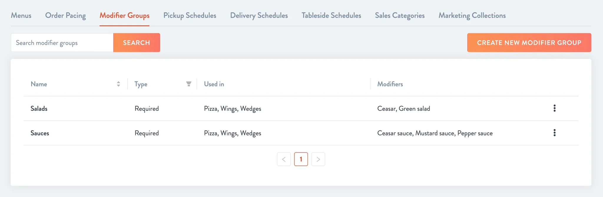 Modifier Groups list with Name, Type (Required or Optional), Used in and Modifiers columns, and the actions menu on each row