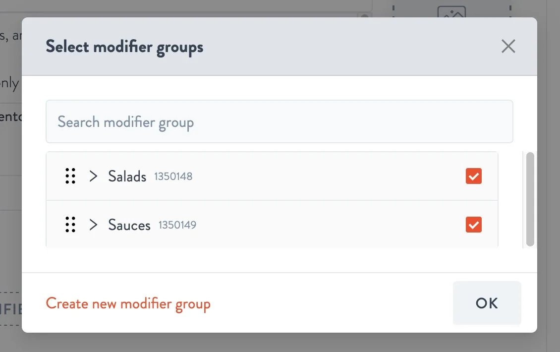 Select modifier groups window with a search box, Salads and Sauces ticked, a dotted drag handle on each row and the OK button