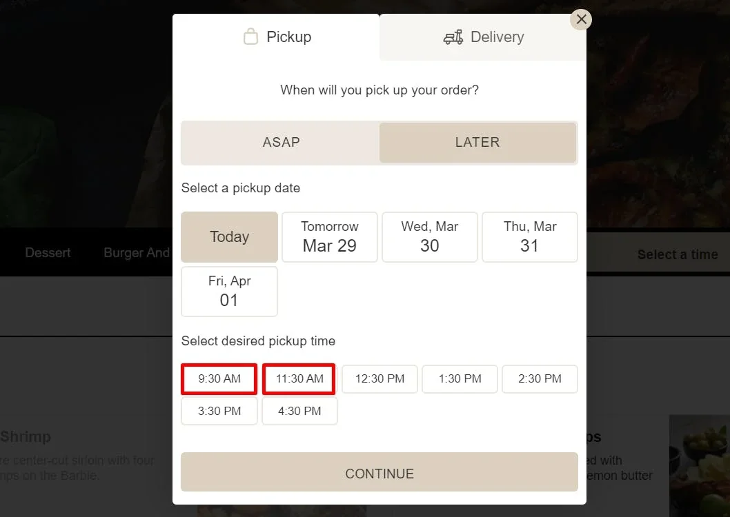 customer view of pickup times