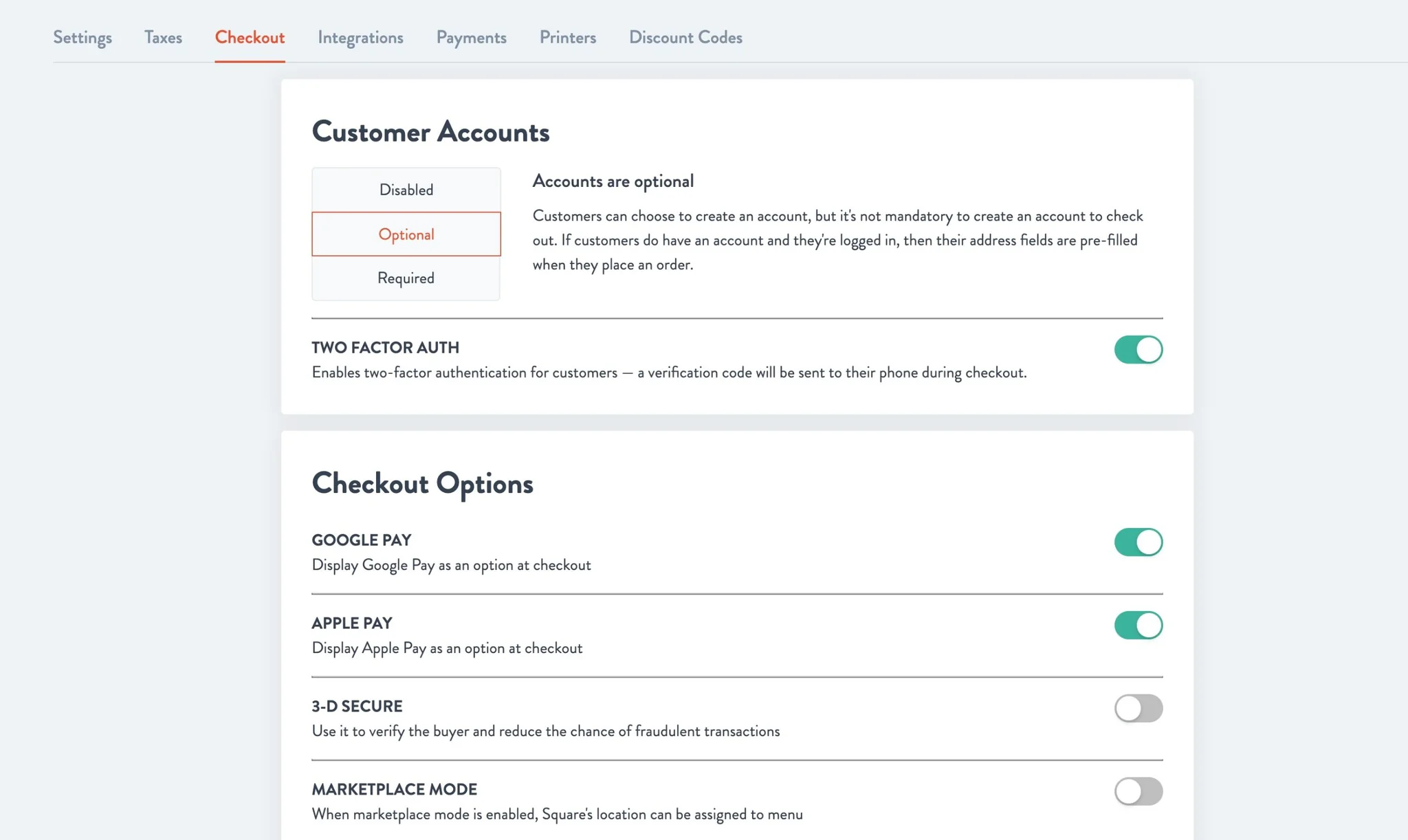 Checkout tab with Customer Accounts, Two Factor Auth and the Google Pay, Apple Pay, 3-D Secure and Marketplace mode switches