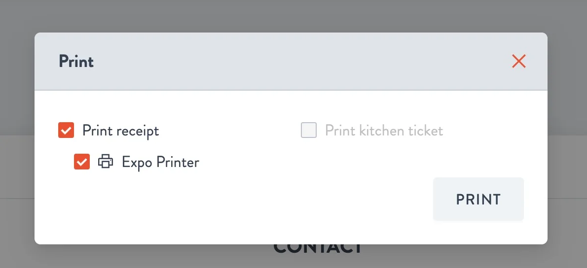 Print window with Print receipt checked and one receipt printer selected, and the Print button