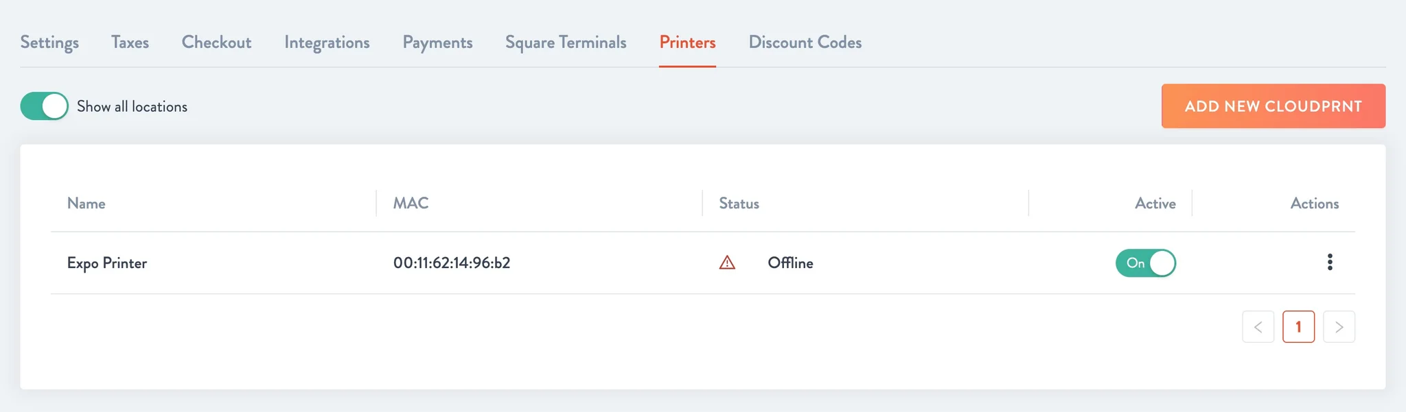 Printers tab with the Show all locations switch, the Add new CloudPRNT button and a printer row with its name, MAC address, an Offline status, the Active switch and the actions menu