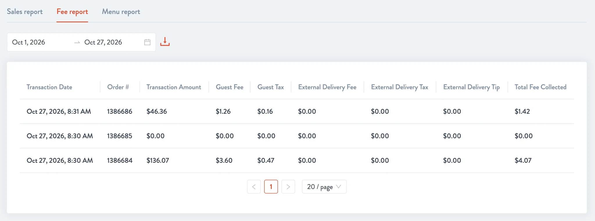 Fee report table with transaction date, order number, guest fee and external delivery columns