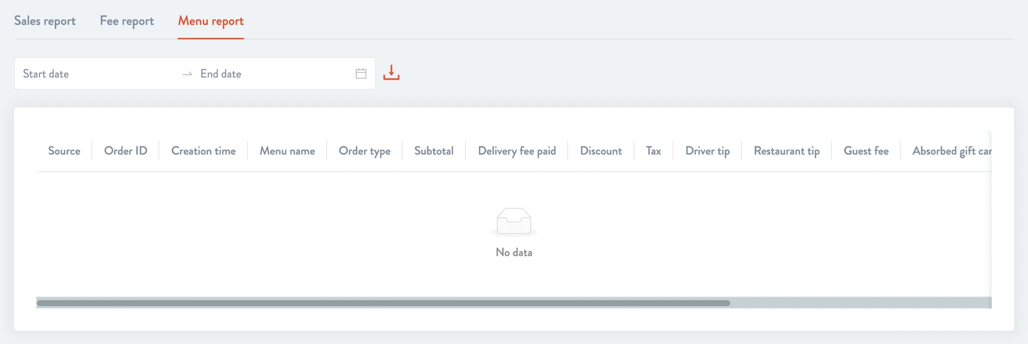 Menu report with empty Start date and End date fields and No data in the table