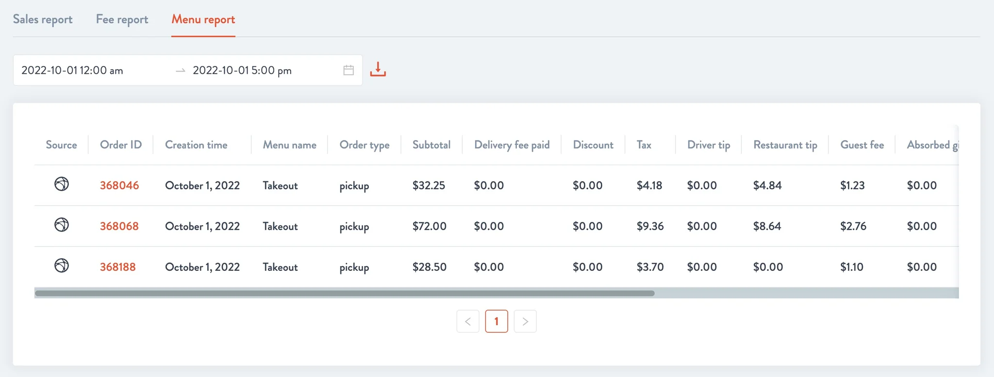 Menu report with orders showing source, order ID, menu name, order type and amounts