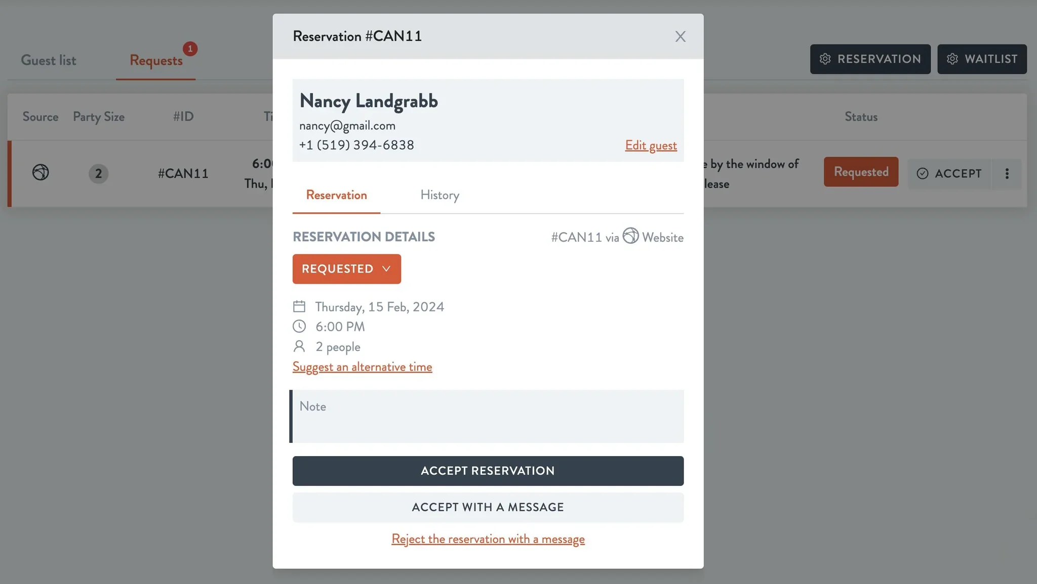 sample reservation request with guest details