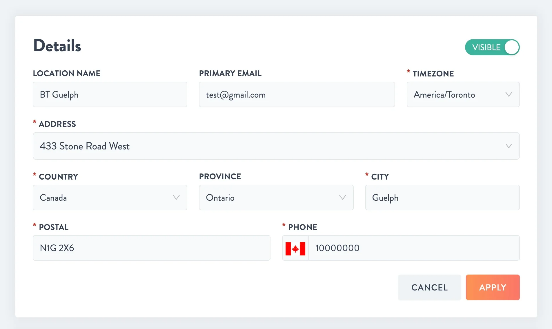 Location Details form with location name, primary email, timezone, address, country, province, city, postal code and phone fields