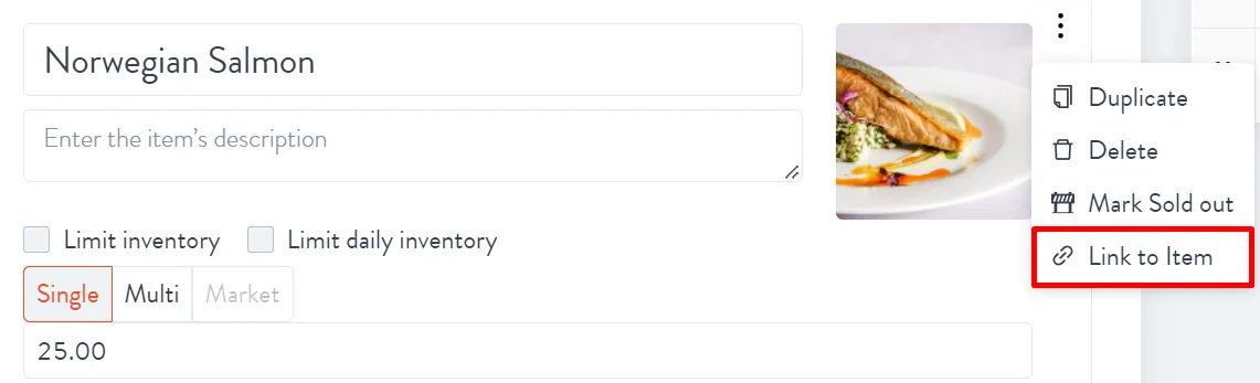 link to menu item option