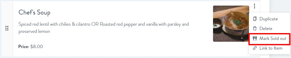 mark as sold out under the three dots on the menu item