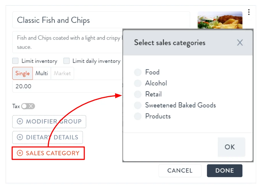sales category selection