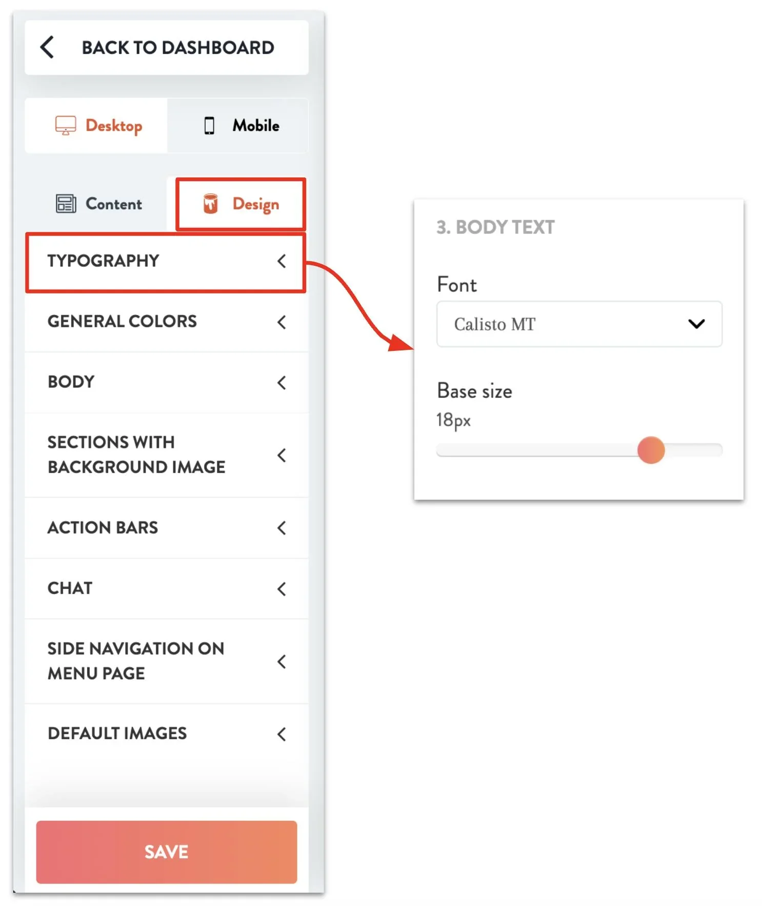 find body text settings