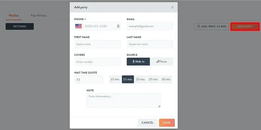 add party screen