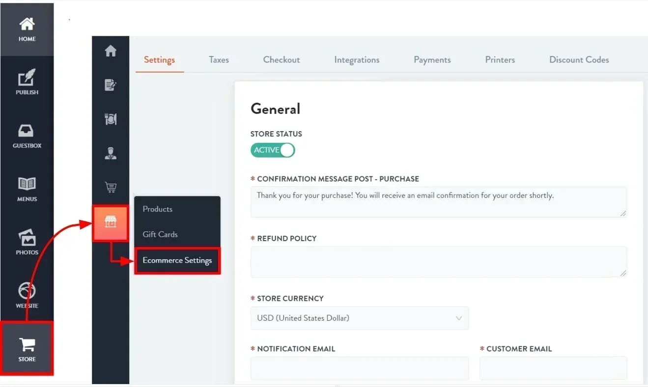 ecommerce settings tab